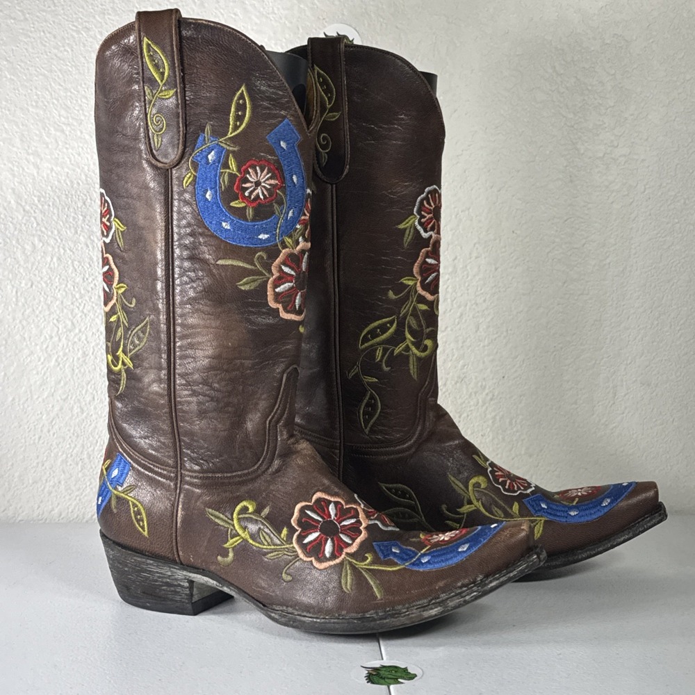 Old Gringo Lucky Horseshoe Floral Embroidered Brown Leather Cowgirl Boots 9.5 B